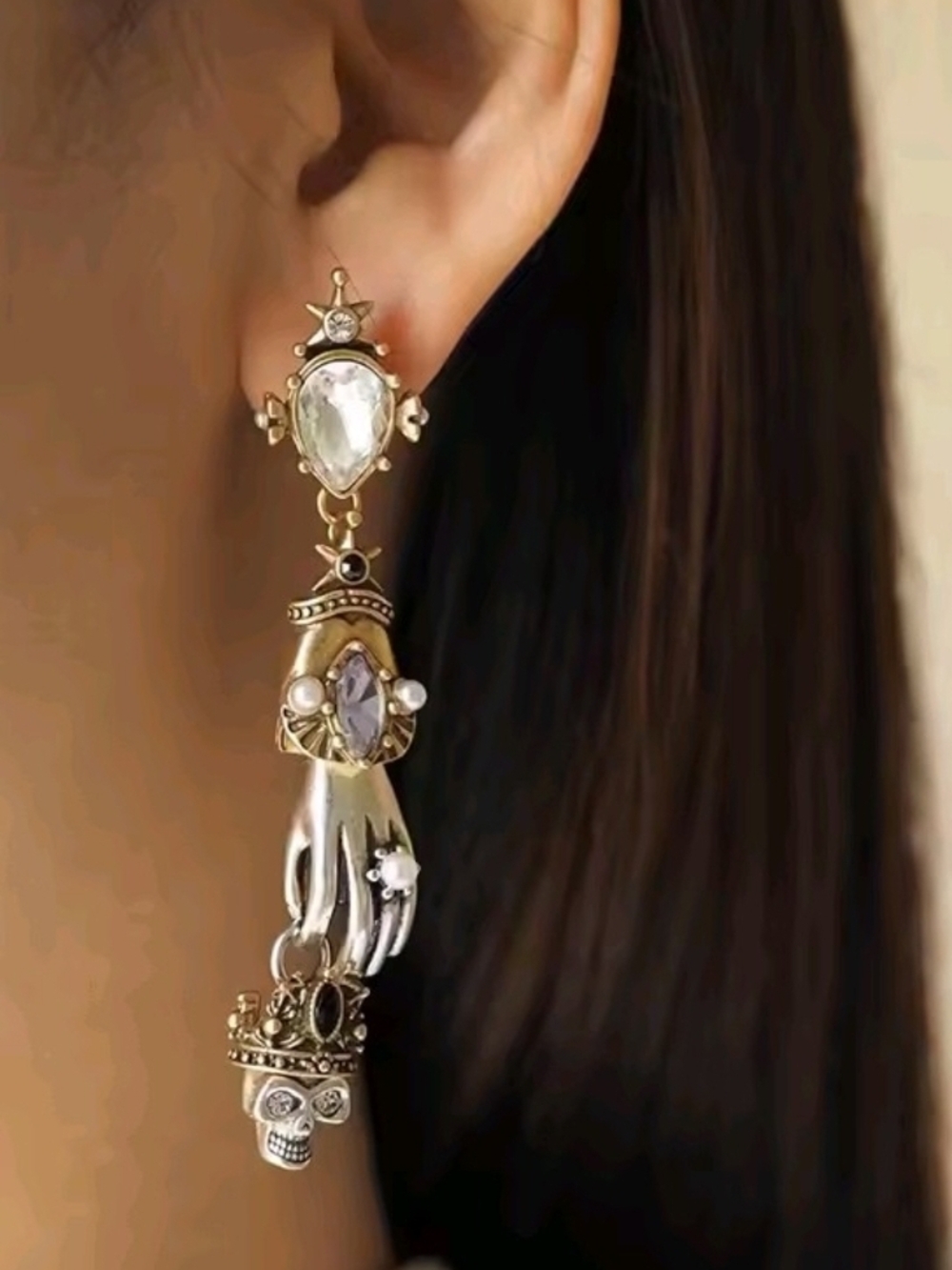 Gold and Silver Hand Drop Earrings with Purple and Clear Stones - Picture 8 of 9